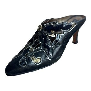 Gomez Rivas Black & Gold Leather Mules Size 7 Kitten Heel Shoes Made in Spain